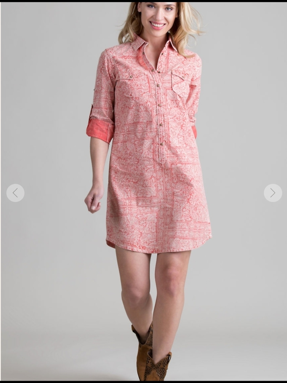Ryan Michael Coral Paisley Bandana Printed Cotton Button-Up Shirt Dress Sz L